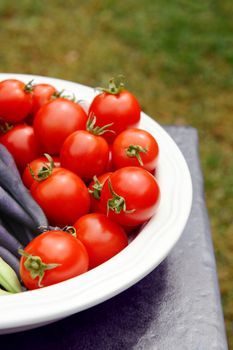 Close-up of ripe red tomatoes in a white serving dish on a stone table in a garden