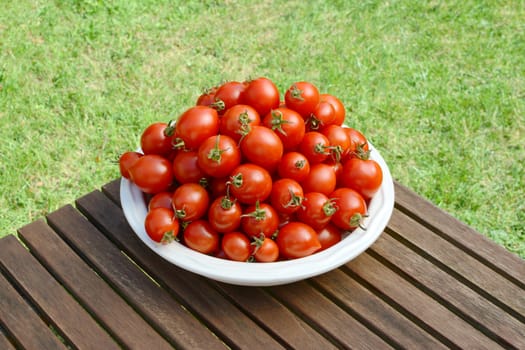 Large heap of juicy fresh Red Alert cherry tomatoes in a white ceramic serving dish on a wooden garden table