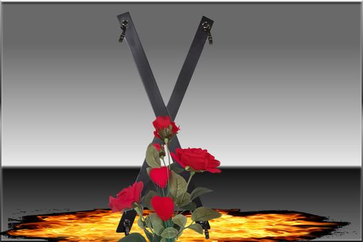 Torture Cross, SM Cross or St. Andrew's Cross. For the BDSM scene with red roses on blurred flames.