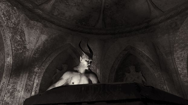 Fallen angel satan in a crypt - 3d rendering