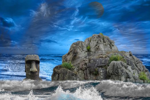 Abstract photomontage the rocks of the Externsteine flooded in stormy sea in front of dramatic sky.