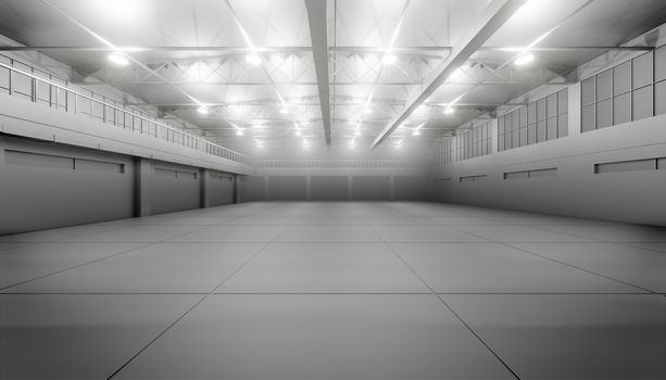Modern empty dark storehouse with smoke at the end. 3D illustration