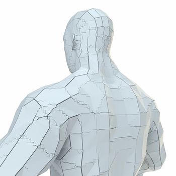 Abstract muscular robot or bodybuilder of white color with cracks in the body. 3D illustration. Isolated on white background