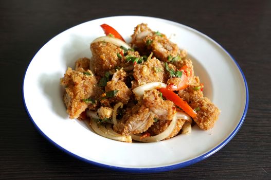 Thai food, Spicy crispy deep-fried chicken salad or Thai name is Yum Kai Zap