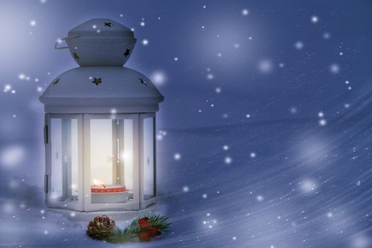 Christmas composition - a lantern with a burning candle under the Christmas tree, copy space, place for text.