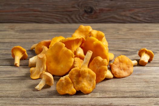 Bunch of chanterelles on an old wooden table.