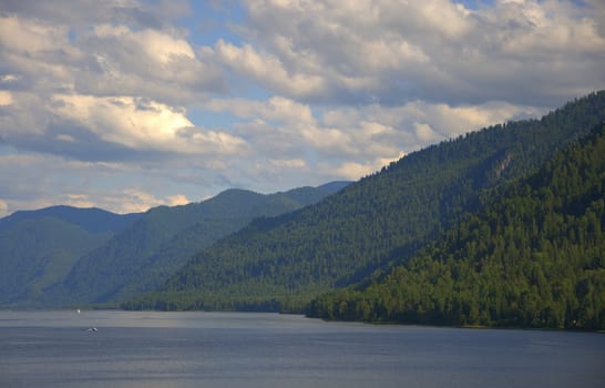 The slopes of the mountains are forested on the shore of a mountain lake under thunderclouds. Altai, Siberia, Russia.