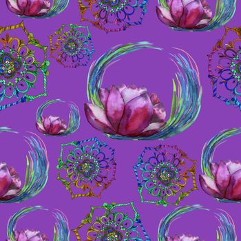 Lotus and mandala esoteric seamless pattern in watercolor on purple background