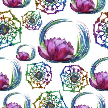 Lotus and mandala esoteric seamless pattern in watercolor on white background