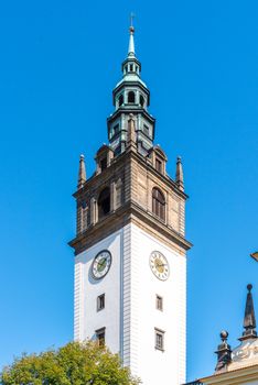 Bell tower at St. Stephen's Cathedral in Litomerice, Czech Republic.