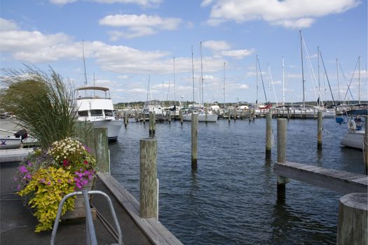 Boats and yacht docked in Mystic Connecticut Marina USA