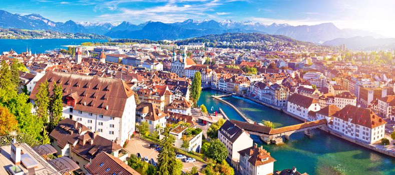 City of Luzern panoramic aerial sunset haze view, Alps and lakes in Switzerland