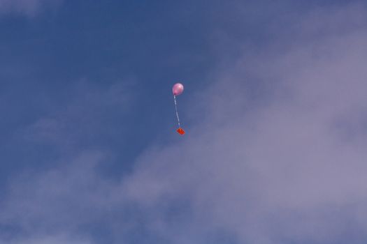 Pink balloon with ribbon and greeting card in front of blue sky