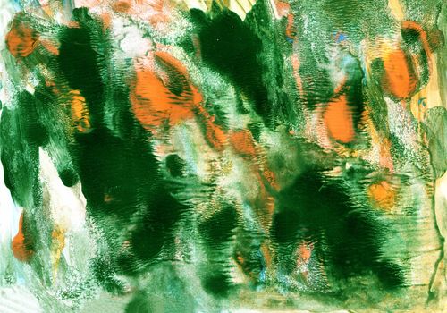 Green and orange strokes painting background. Acrylic and gouache hand painted brush strokes texture, splashes, smears. Design for packaging, card, wallpaper, gift