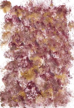 Burgundy gold grunge texture background. Messy rusty distress illustration. Acryl and gouache blots, smears and scratches effect design.