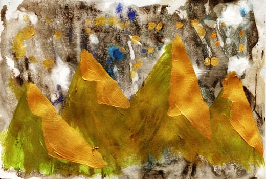 Hand painted texture gold autumn in the mountains. Acrylic metal and gouache paint.