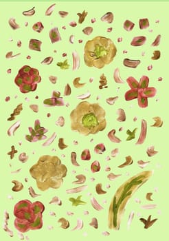 Bronze and gold leaf hand painted floral illustration on green background. Flower decoration design for card, backdrop, covers, wallpaper