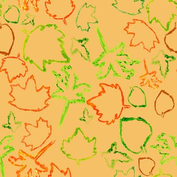 Seamless pattern with green and red autumn leaves silhouette on yellow background.