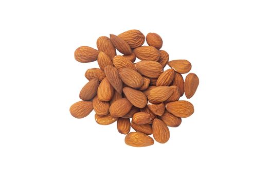 Dried almond nuts closeup isolated on white background. Stock photo of healthy food ingredients.