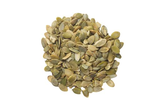 Pumpkin seeds isolated on white background. Stock photo of healty food ingredients. Vegan and vegetarian food.