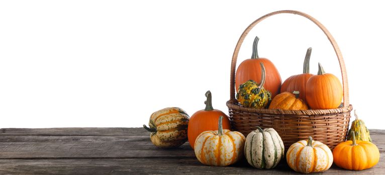 Many pumpkins in basket on wooden table isolated on white background , Halloween or Thanksgiving day concept