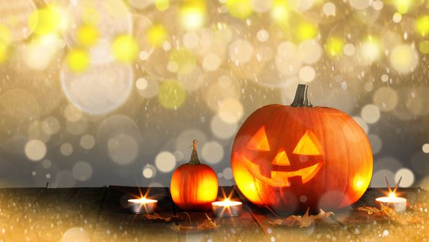 Magic halloween pumpkins and burning candles and golden bokeh lights around