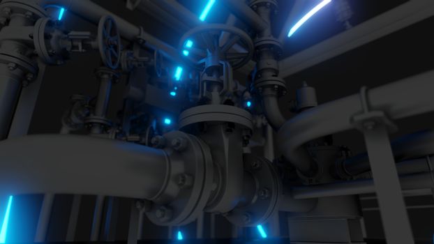 Abstract Industrial Equipment with Neon Lights. Ultraviolet light. 3D illustration