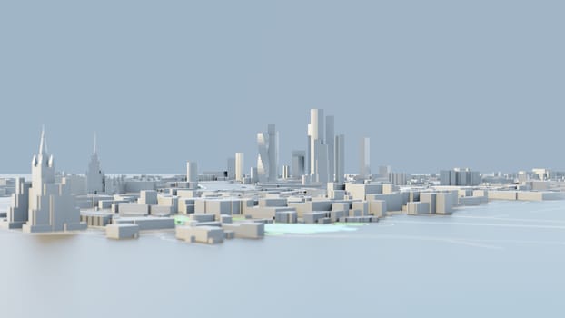 3D illustration. White Futuristic City in sunny day. Sky background