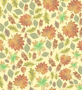 Seamless pattern with different autumn leaves, hand-drawn watercolor painting