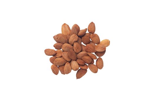 Dried almond nuts closeup isolated on white background. Stock photo of healthy food ingredients.
