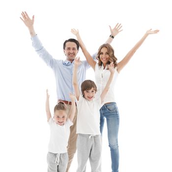 Happy smiling family with raised hands up isolated on white background