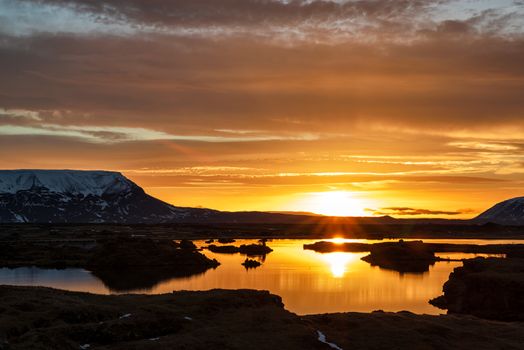 Myvatn lake at sunrise in winter, Iceland