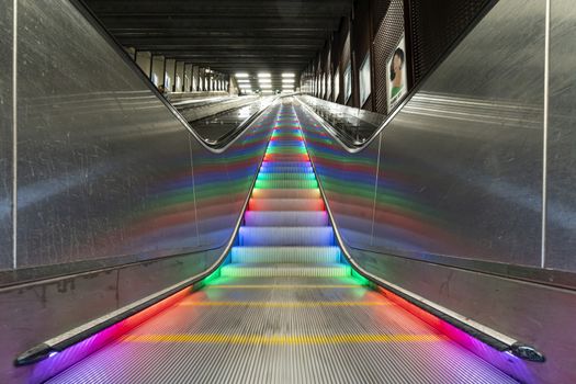Stockholm, Sweden. September 2019. colorful escalators in the city metro