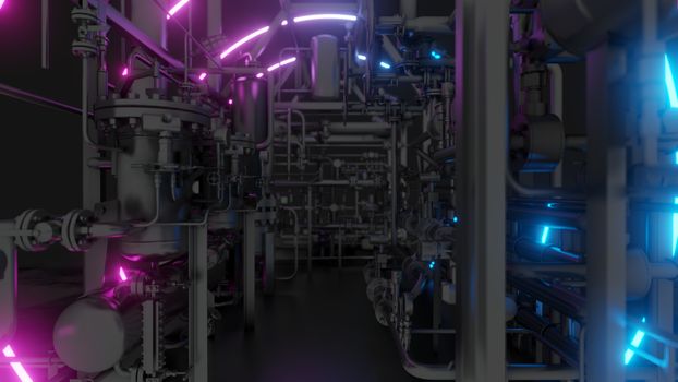 Abstract Industrial Equipment with Neon Lights. Ultraviolet light. 3D illustration