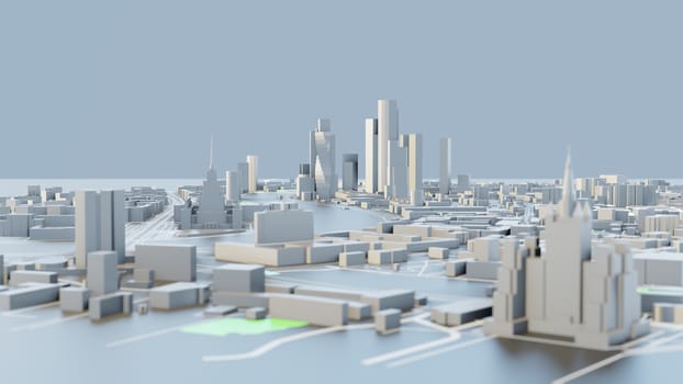 3D illustration. White Futuristic City in sunny day. Sky background