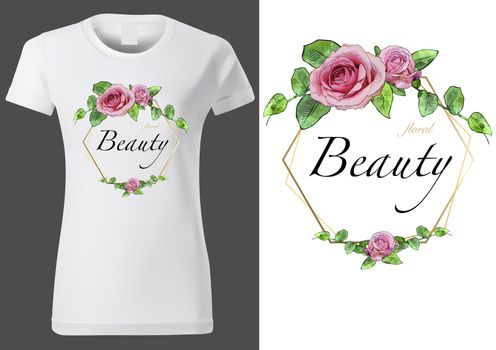 Design of Women White T-shirt with Floral Pattern - Colored Fashion Illustration for Plant Lovers