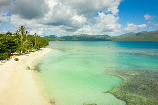 Drone view of tropical beach.Samana peninsula,Playa(beach) Rincon beach,sunny day.Dominican Republic.