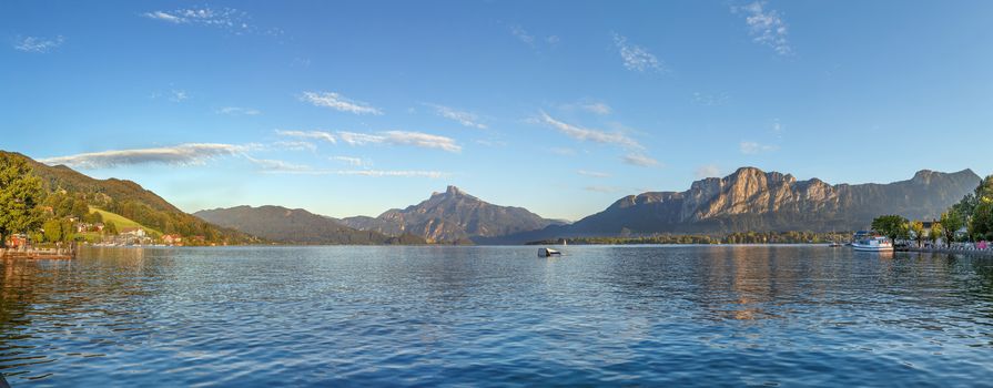 Panoramic view of Mondsee lake from Mondsee town, Austria