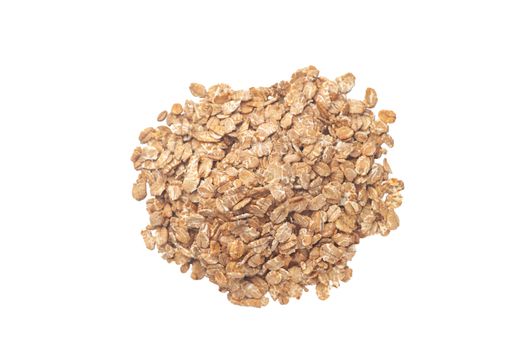 A bunch of cereal granola flakes isolated on white background. Stock photo of healty diet ingredients. Concept of vegan and vegetarian healty food.