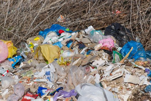 Trash on the agriculture field. Ecology problem and big harm to nature. 