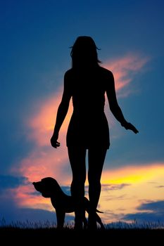illustration of woman runs with the dog at sunset