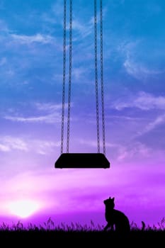 illustration of the cat and the swing at sunset