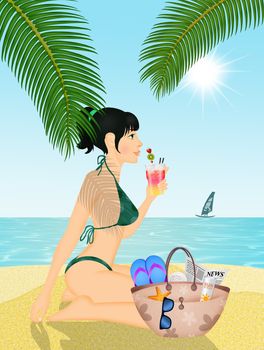 illustration of girl relaxing on the beach