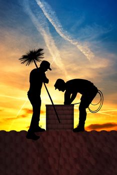 illustration of chimney sweep on the roof at sunset