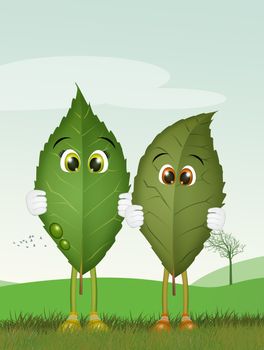 illustration of two leaves with funny face