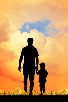 illustration of dad with his son at sunset