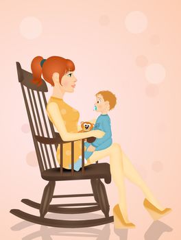illustration of mom with baby on rocking chair