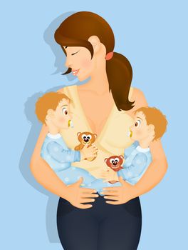 illustration of mother with baby male twins