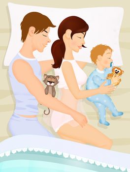 illustration of couple sleeping with baby in the bed