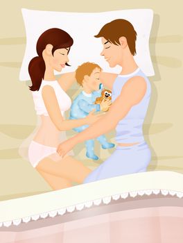 illustration of family sleeps with baby
